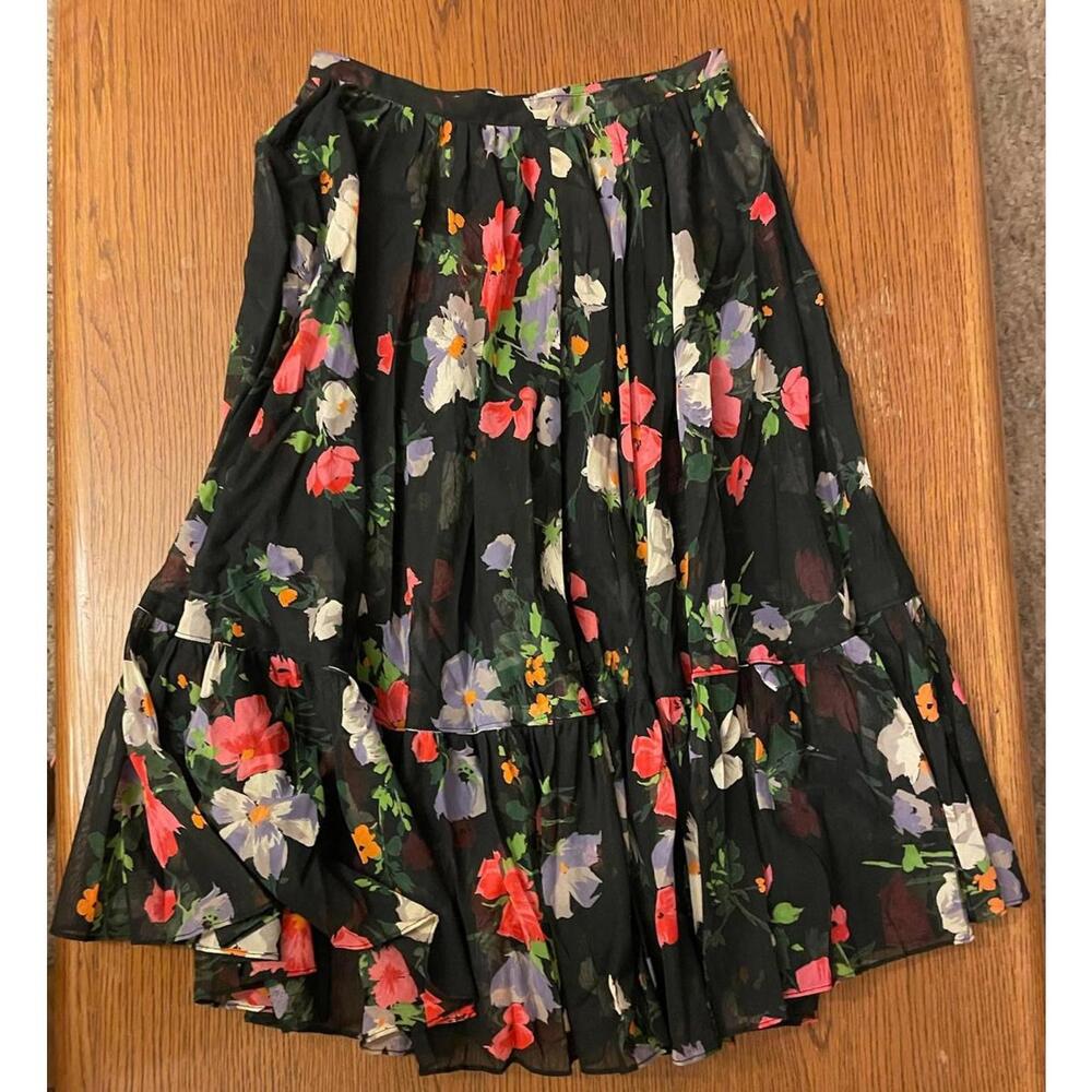 Albert Nipon Black Floral Print Midi Skirt XS